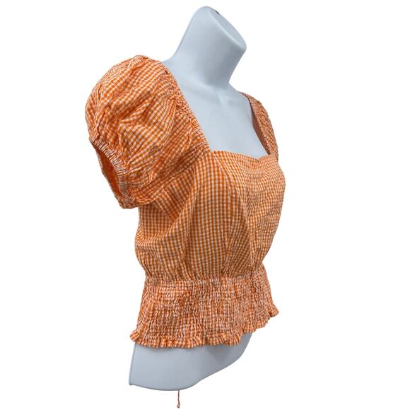 Sim & Sam Puff Sleeve Smocked Crop Top WMN S Orange Gingham Lace-Up Back 51226BL - Picture 2 of 6
